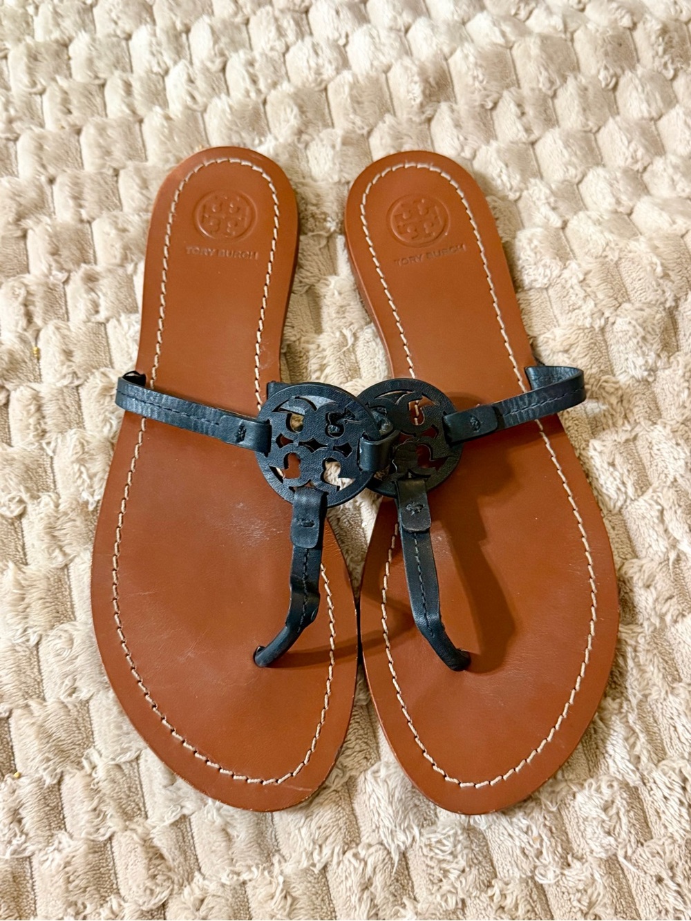 Tory Burch Black Logo Leather Thong Sandals with Brown Footbed